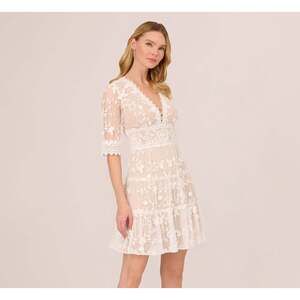 NWT Adrianna Papell Lace Embroidered V Neck Dress With Elbow Sleeves In Ivory